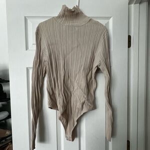 Beige Ribbed Turtleneck Bodysuit